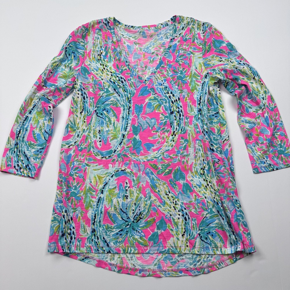Lilly Pulitzer Shirt Womens XS Pink Blue Green Floral Print V Neck 3/4 Sleeve